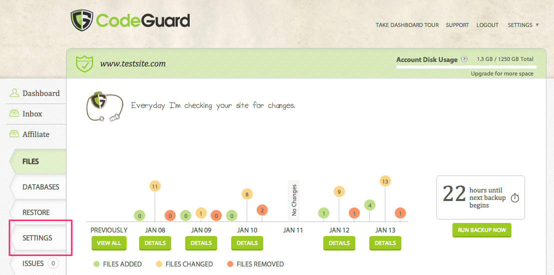 CodeGuard website backup settings