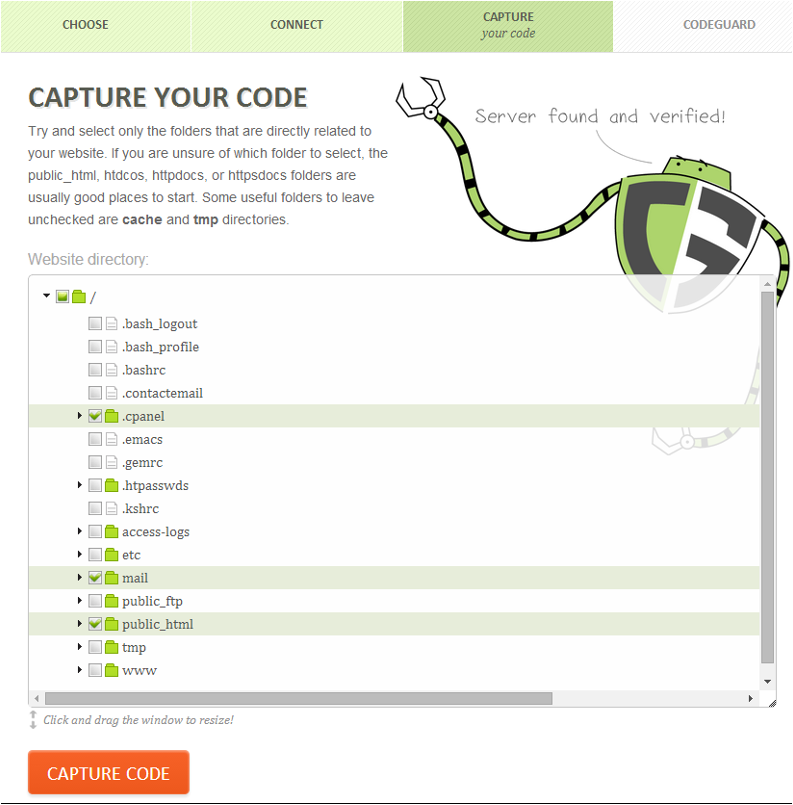 Choose website files to be backed up with codeguard